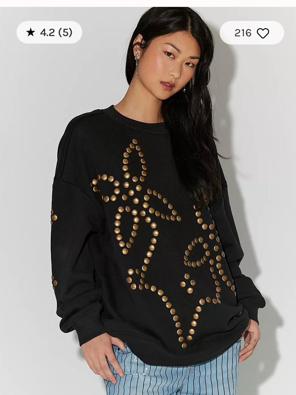 Black Sweatshirt with Gold Stud Floral Detail by